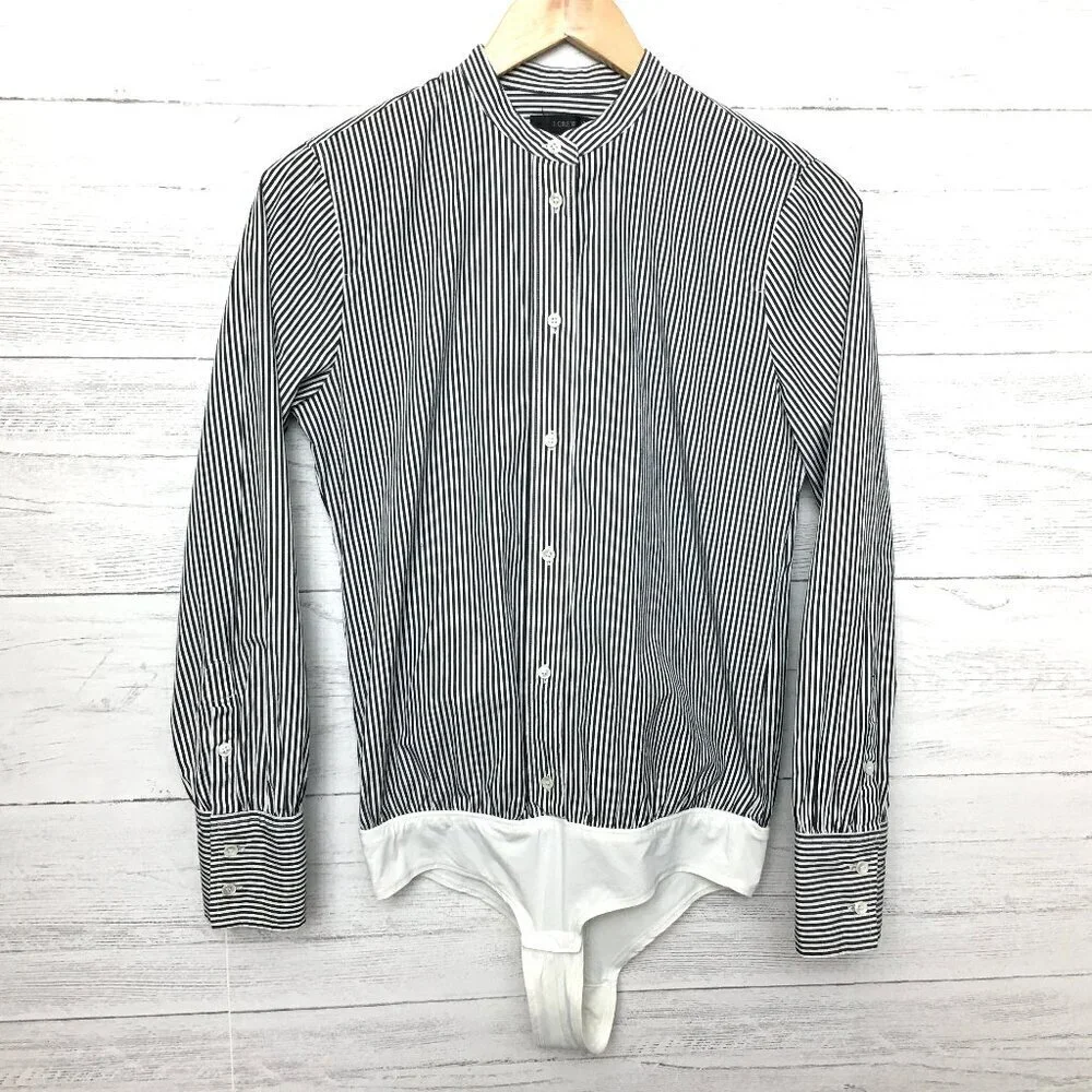 J. Crew Black White Stripe Shirt Stretch Tailored Perfect Bodysuit Long Sleeve 4